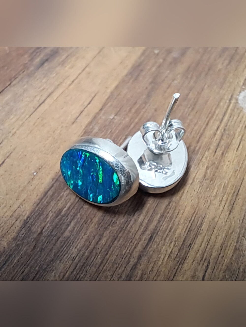 Vintage Sterling Silver Oval Blue Opal Inlay Stud Earrings - Picture 6 of 8